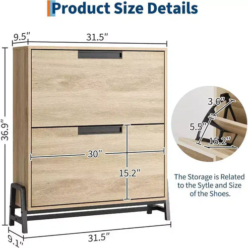 Meuble à chaussures Acekool Oak - Organisateur de rangement à 2 tiroirs basculants avec pieds en métal pour entrée et couloir