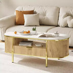 Table basse ovale Acekool 48 avec plateau en faux marbre, pieds en métal doré, design en bois cannelé et tiroir de rangement, table de salon moderne bleu marine