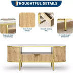 Table basse ovale Acekool 48 avec plateau en faux marbre, pieds en métal doré, design en bois cannelé et tiroir de rangement, table de salon moderne bleu marine