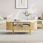 Table basse ovale Acekool 48 avec plateau en faux marbre, pieds en métal doré, design en bois cannelé et tiroir de rangement, table de salon moderne bleu marine