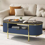 Table basse ovale Acekool 48 avec plateau en faux marbre, pieds en métal doré, design en bois cannelé et tiroir de rangement, table de salon moderne bleu marine