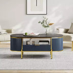 Table basse ovale Acekool 48 avec plateau en faux marbre, pieds en métal doré, design en bois cannelé et tiroir de rangement, table de salon moderne bleu marine