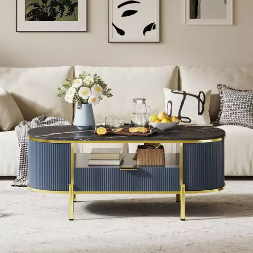 Acekool 48 Oval Coffee Table with Faux Marble Top, Gold Metal Legs, Fluted Wood Design & Storage Drawer, Modern Navy Blue Living Room Table