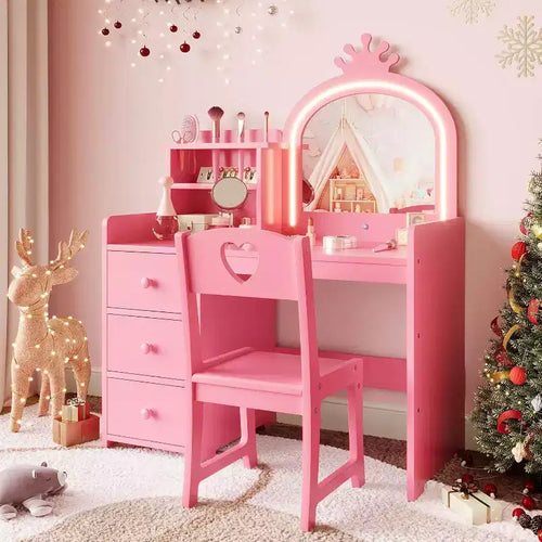Acekool Kids White Princess Vanity Desk with Crown Mirror & LED Lights, Storage Drawers & Shelves, 2-in-1 Makeup and Activity Table with Chair