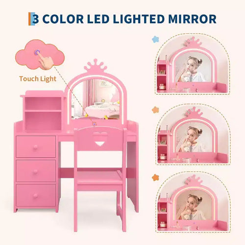Acekool Coiffeuse Princesse Blanche pour Enfants avec Miroir Couronne et Lumières LED, Tiroirs de Rangement et Étagères, Table de Maquillage et d'Activités 2-en-1 avec Chaise