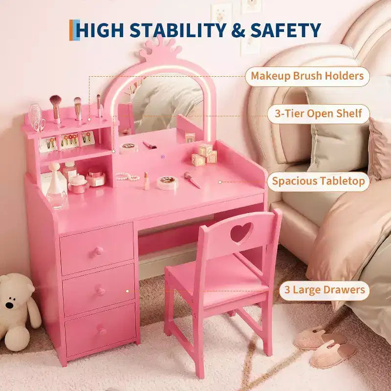 Acekool Coiffeuse Princesse Blanche pour Enfants avec Miroir Couronne et Lumières LED, Tiroirs de Rangement et Étagères, Table de Maquillage et d'Activités 2-en-1 avec Chaise
