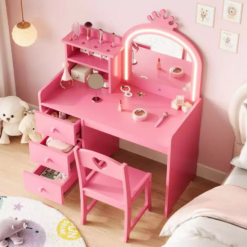 Acekool Coiffeuse Princesse Blanche pour Enfants avec Miroir Couronne et Lumières LED, Tiroirs de Rangement et Étagères, Table de Maquillage et d'Activités 2-en-1 avec Chaise