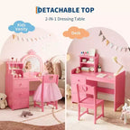 Acekool Coiffeuse Princesse Blanche pour Enfants avec Miroir Couronne et Lumières LED, Tiroirs de Rangement et Étagères, Table de Maquillage et d'Activités 2-en-1 avec Chaise