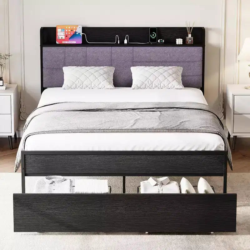 Acekool Queen Bed Frame with Storage Drawers, Upholstered Headboard, Metal Platform, Charging Station, 2-Tier Shelf, Black