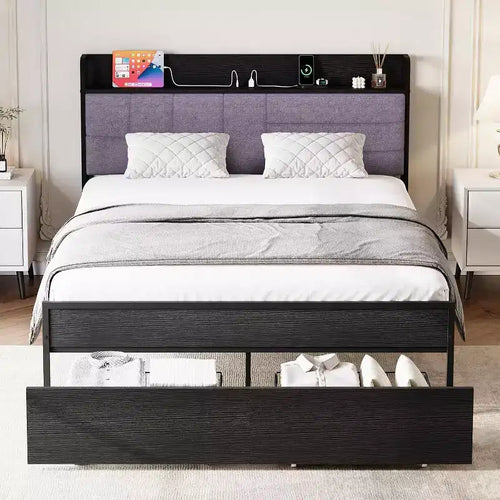 Acekool Queen Bed Frame with Storage Drawers, Upholstered Headboard, Metal Platform, Charging Station, 2-Tier Shelf, Black