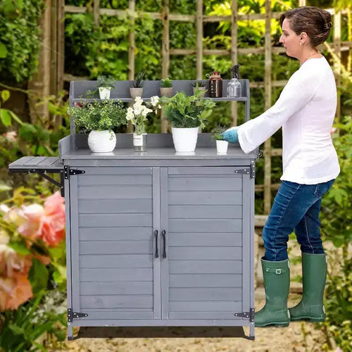 Acekool Solid Wood Potting Bench - Outdoor Gardening Table with Metal Top, Storage Cabinet & Cover for Planting Tools