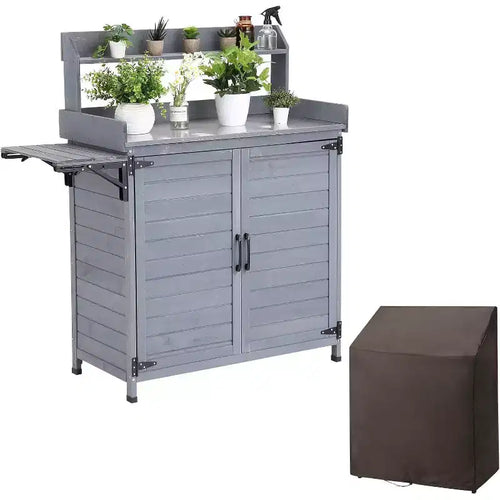 Établi de rempotage en bois massif Acekool - Table de jardinage d'extérieur avec plateau en métal, armoire de rangement et housse pour outils de plantation