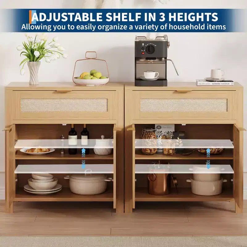 Bahut de rangement avec portes et tiroir, meuble de rangement en rotin avec étagères réglables, table console de bar pour salon ou cuisine