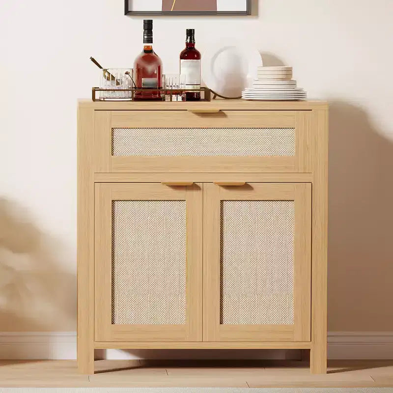 Bahut de rangement avec portes et tiroir, meuble de rangement en rotin avec étagères réglables, table console de bar pour salon ou cuisine