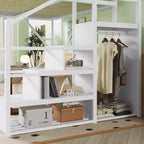 Lit mezzanine pleine grandeur en métal blanc avec escalier, étagères de rangement et lit mezzanine haut avec armoire pour enfants et adolescents