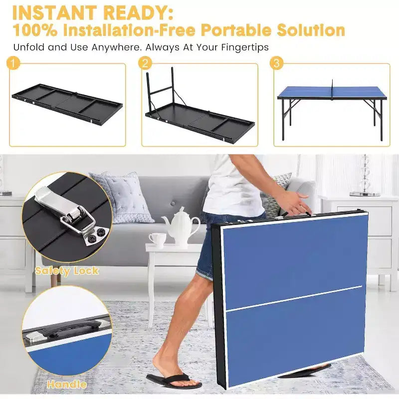 Acekool Set de Tennis de Table Portable avec Filet en Nylon Démontable, 2 Raquettes et 3 Balles, Table de Ping-Pong en Aluminium Étanche, Bleu