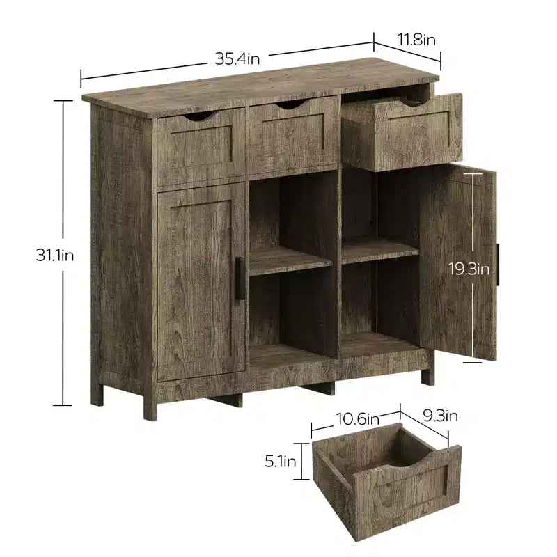 Okak Armoire de rangement polyvalente pour salle de bain, chambre et salon, meuble de rangement au sol avec 3 tiroirs, 2 compartiments et 3 portes, meuble d'appoint