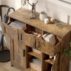 Okak Armoire de rangement polyvalente pour salle de bain, chambre et salon, meuble de rangement au sol avec 3 tiroirs, 2 compartiments et 3 portes, meuble d'appoint