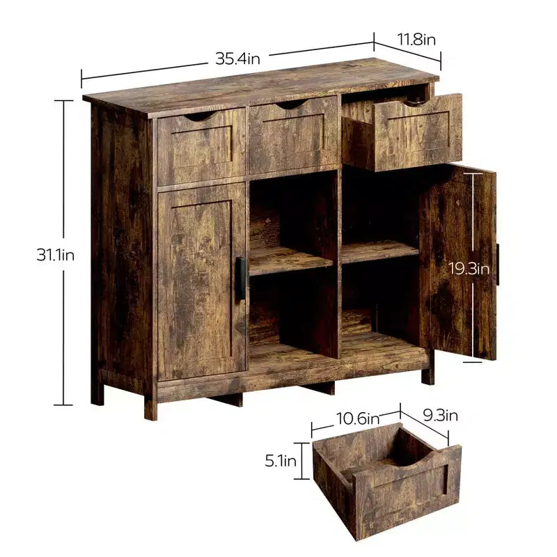 Okak Armoire de rangement polyvalente pour salle de bain, chambre et salon, meuble de rangement au sol avec 3 tiroirs, 2 compartiments et 3 portes, meuble d'appoint