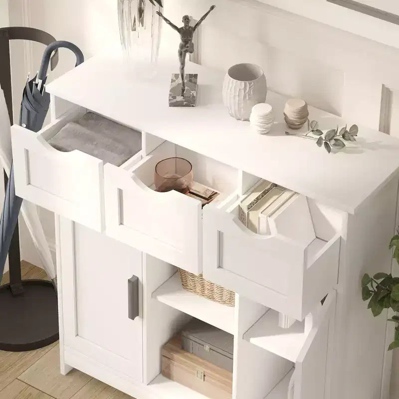 Okak Armoire de rangement polyvalente pour salle de bain, chambre et salon, meuble de rangement au sol avec 3 tiroirs, 2 compartiments et 3 portes, meuble d'appoint