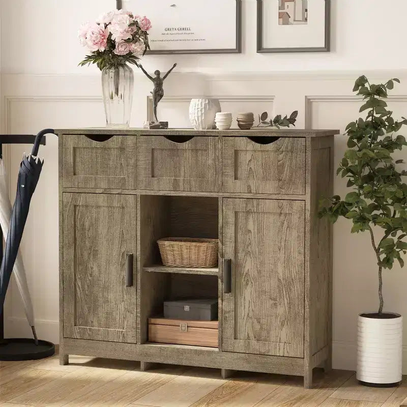 Okak Armoire de rangement polyvalente pour salle de bain, chambre et salon, meuble de rangement au sol avec 3 tiroirs, 2 compartiments et 3 portes, meuble d'appoint