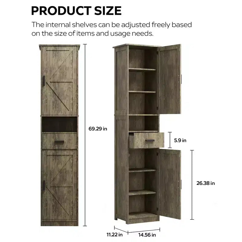 Meuble de Rangement Haut de Salle de Bain Okak, Armoire Autoportante de 69" avec Étagères Réglables, Portes et Dispositif Anti-Basculement pour Cuisine et Salon