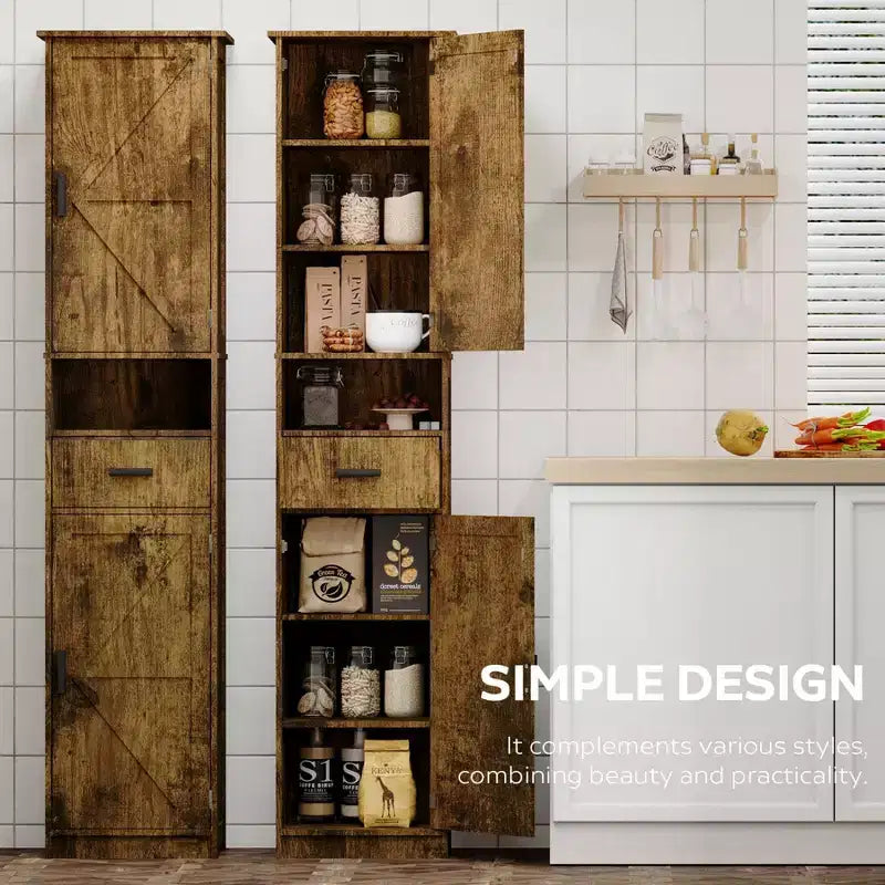 Meuble de Rangement Haut de Salle de Bain Okak, Armoire Autoportante de 69" avec Étagères Réglables, Portes et Dispositif Anti-Basculement pour Cuisine et Salon