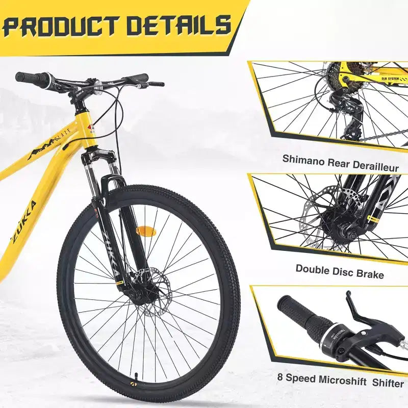 VTT NAYSAYE 27,5 pouces 8 vitesses avec suspension avant et cadre en acier pour aventures tout-terrain, jaune, 68.5*27.1*40.55