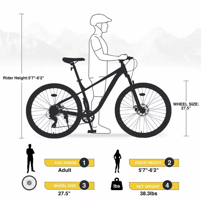 VTT NAYSAYE 27,5 pouces 8 vitesses avec suspension avant et cadre en acier pour aventures tout-terrain, jaune, 68.5*27.1*40.55
