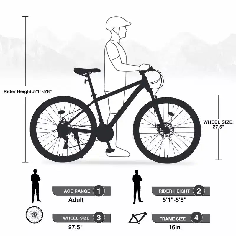 NAYSAYE Vélo VTT 27,5 pouces 21 vitesses avec suspension avant pour hommes, femmes, garçons et filles, gris, 68,8*26,37*39,37