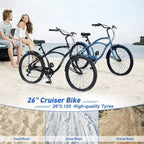 Vélo de plage NAYSAYE 7 vitesses pour femmes, cadre en acier de 26 pouces pour des trajets urbains confortables, bleu, 69,96*28,32*43,2