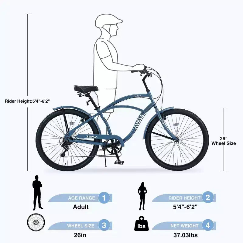 Vélo de plage NAYSAYE 7 vitesses pour femmes, cadre en acier de 26 pouces pour des trajets urbains confortables, bleu, 69,96*28,32*43,2