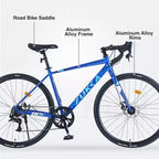 NAYSAYE Vélo de route hybride 700C pour adulte, vélo de course léger à cadre en aluminium 7 vitesses pour les trajets urbains, bleu, 68,5*18,8*39