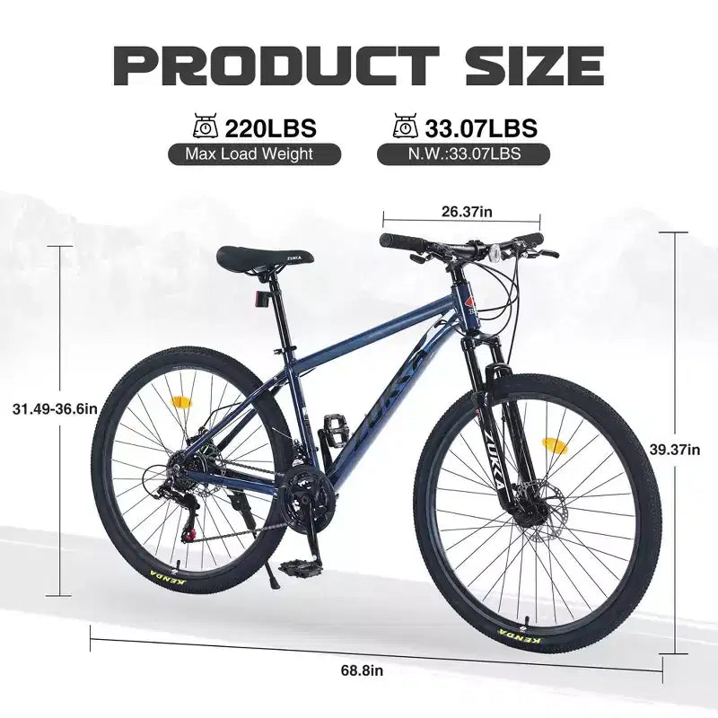 NAYSAYE Vélo VTT 27,5 pouces 21 vitesses avec suspension avant pour hommes, femmes, garçons et filles, bleu, 68,8*26,37*39,37