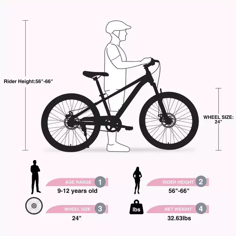 NAYSAYE Vélo VTT Cadre en acier durable avec suspension pour enfants, activités de plein air, rose, 63.78*24.8*37.2