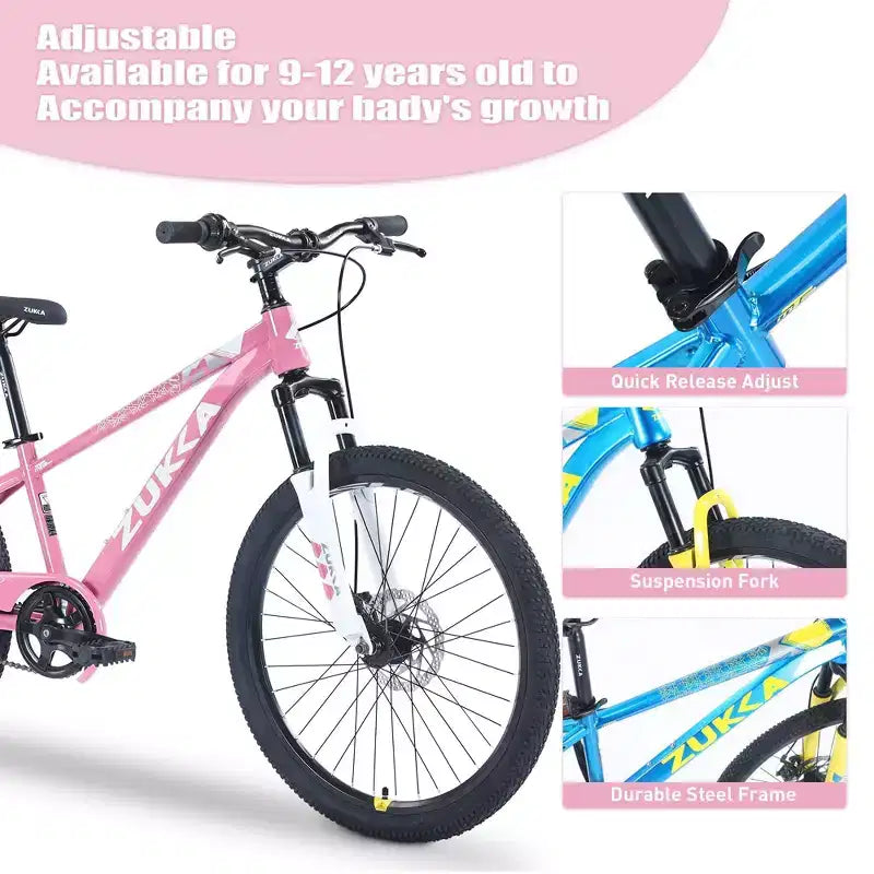 NAYSAYE Vélo VTT Cadre en acier durable avec suspension pour enfants, activités de plein air, rose, 63.78*24.8*37.2