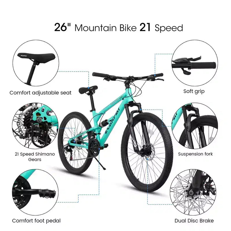 NAYSAYE Vélo de montagne 26 pouces Cadre en acier 21 vitesses Fourche suspendue Vélo adulte pour l'extérieur, Bleu, 68.00*27.00*38.00