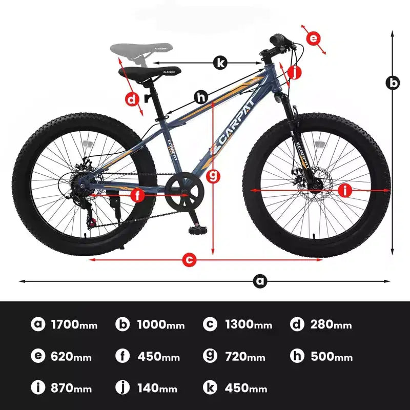 NAYSAYE Vélo de Montagne Fat Bike 24 Pouces avec Dérailleur 7 Vitesses et Double Frein à Disque pour Adultes et Adolescents, Gris, 67*25*40