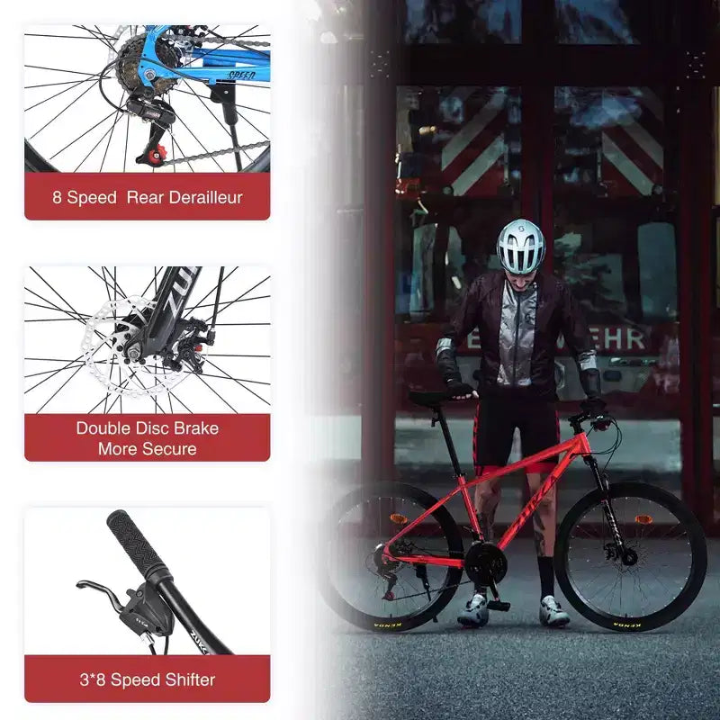 NAYSAYE Vélo VTT 24 Vitesses Cadre en Acier avec Fourche Suspendue pour Adultes, Rouge, 65.75*24.41*37