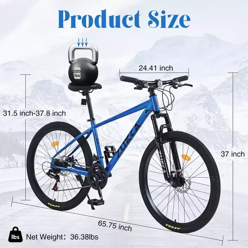 NAYSAYE Vélo VTT 26 Pouces Cadre en Acier Fourche Suspendue 24 Vitesses Vélo Adulte pour Aventure en Plein Air, Bleu, 65,75*24,41*37