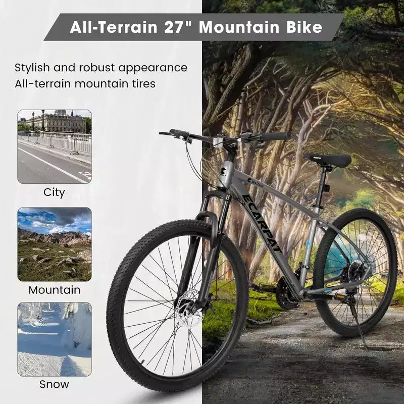 NAYSAYE Vélo VTT 27 pouces 21 vitesses avec fourche suspendue et freins à disque pour hommes et femmes, Gris, 70*27*39.5