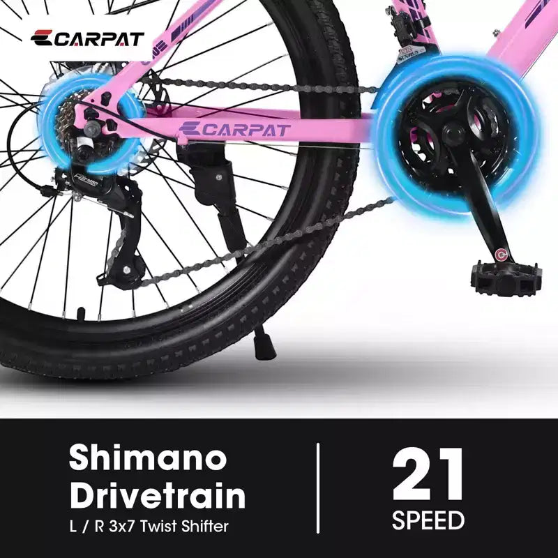 Vélo de montagne NAYSAYE 24 pouces avec dérailleur 21 vitesses, double freins à disque pour adolescents et femmes, rose, 66*24.8*35