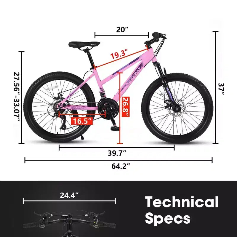 Vélo de montagne NAYSAYE 24 pouces avec dérailleur 21 vitesses, double freins à disque pour adolescents et femmes, rose, 66*24.8*35