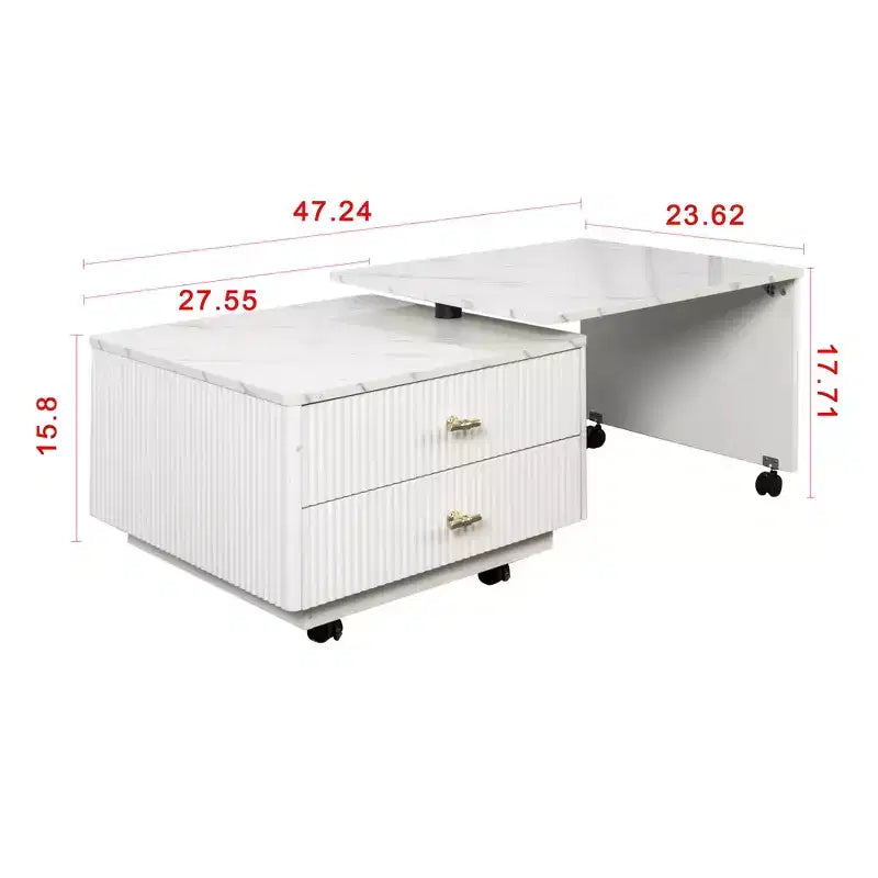 Table Basse GDFStudio Cyralis Moderne Extensible et Réversible avec Rangement, 2 Tiroirs et 6 Roulettes