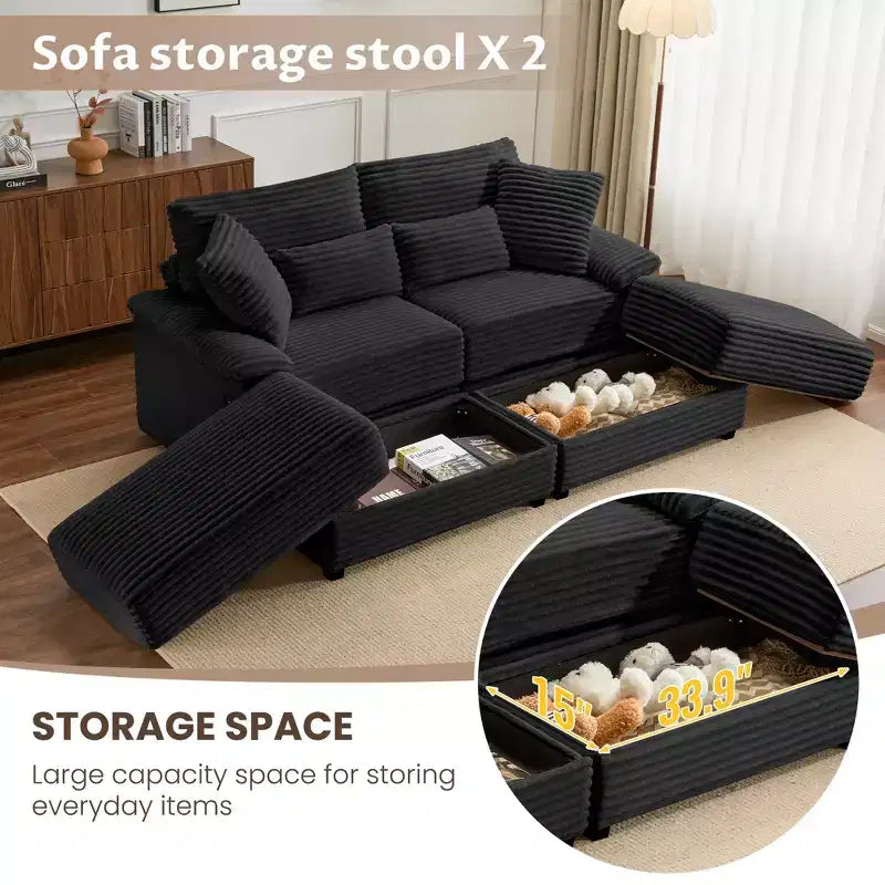 Ensemble de double chaise longue Whisen avec pouf réversible et rangement
