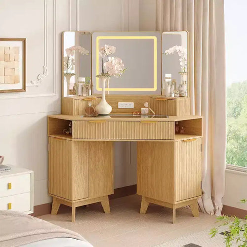 Meuble-lavabo d'angle de 48 po, Coiffeuse à cannelures avec plateau en verre, pour chambre à coucher