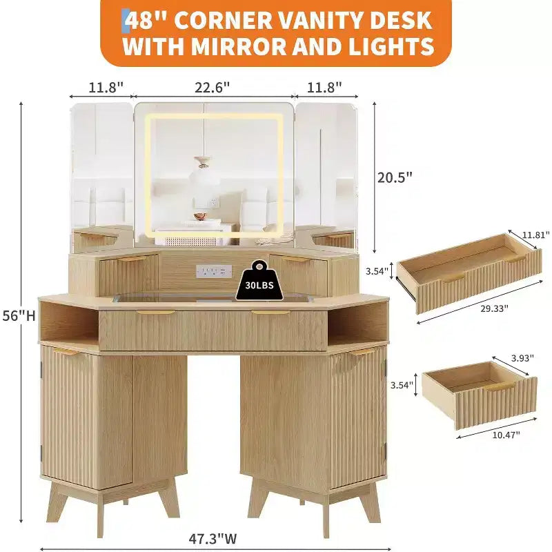 Meuble-lavabo d'angle de 48 po, Coiffeuse à cannelures avec plateau en verre, pour chambre à coucher