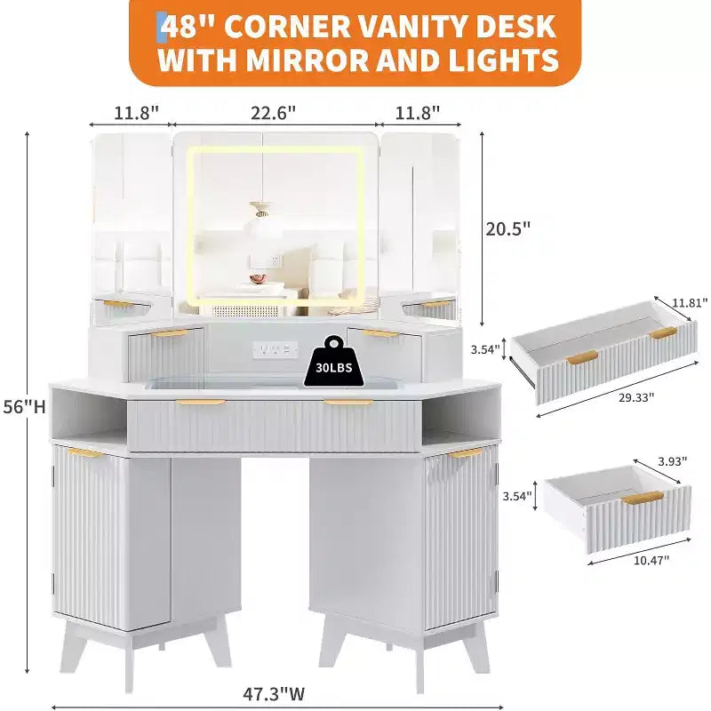 Meuble-lavabo d'angle de 48 po, Coiffeuse à cannelures avec plateau en verre, pour chambre à coucher