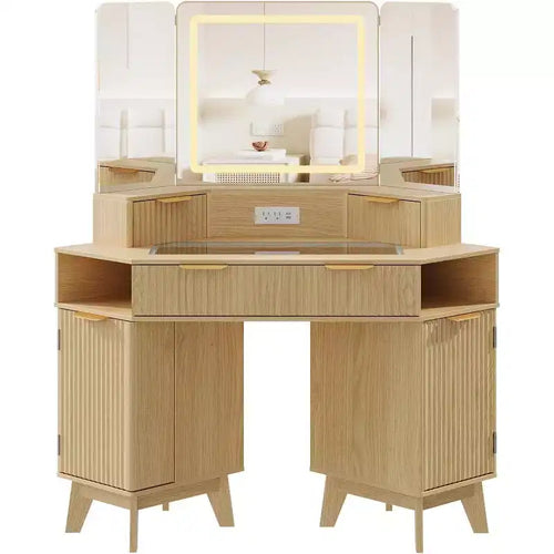 48 Corner Vanity Desk, Fluted Makeup Vanity Desk with Glass Top, for Bedroom