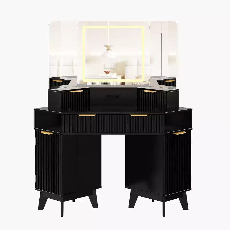 Meuble-lavabo d'angle de 48 po, Coiffeuse à cannelures avec plateau en verre, pour chambre à coucher